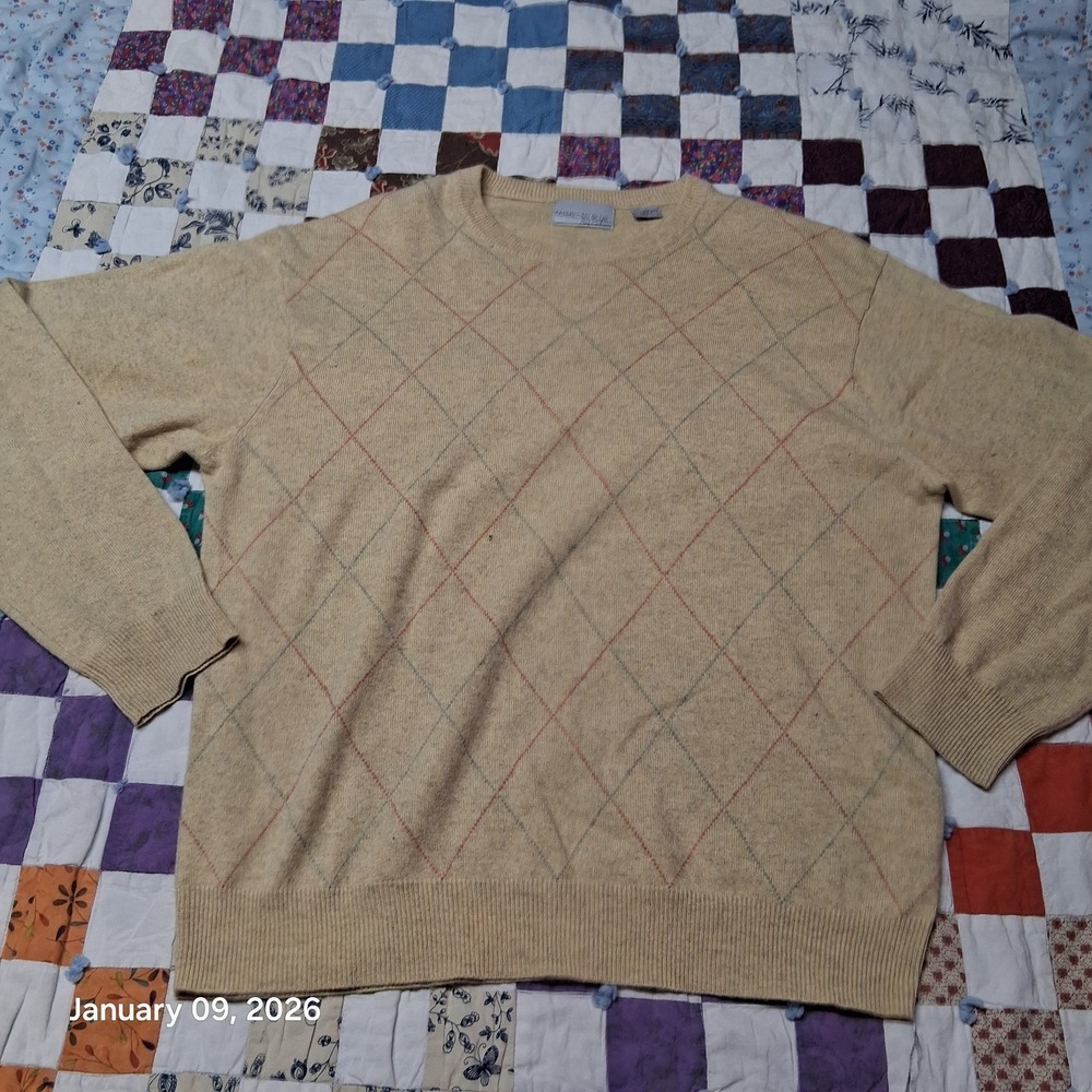 American Blue Pure Cashmere Sweater Size Large Brown Argyle Crew Neck